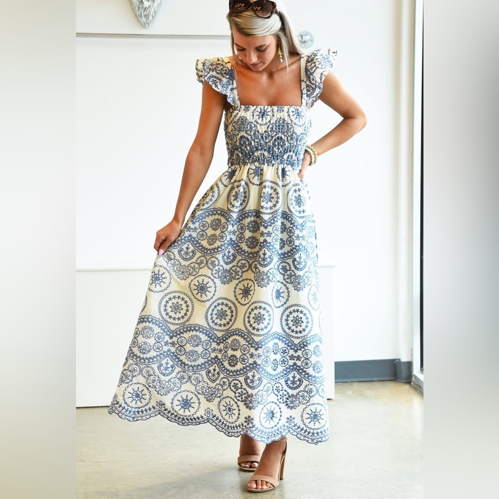 Sunday Up Blue and White Cut-Out Maxi Dress